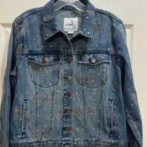 Sam Edelman Billie Oversized Trucker Jacket Med Rhinestone Embroidery Concert